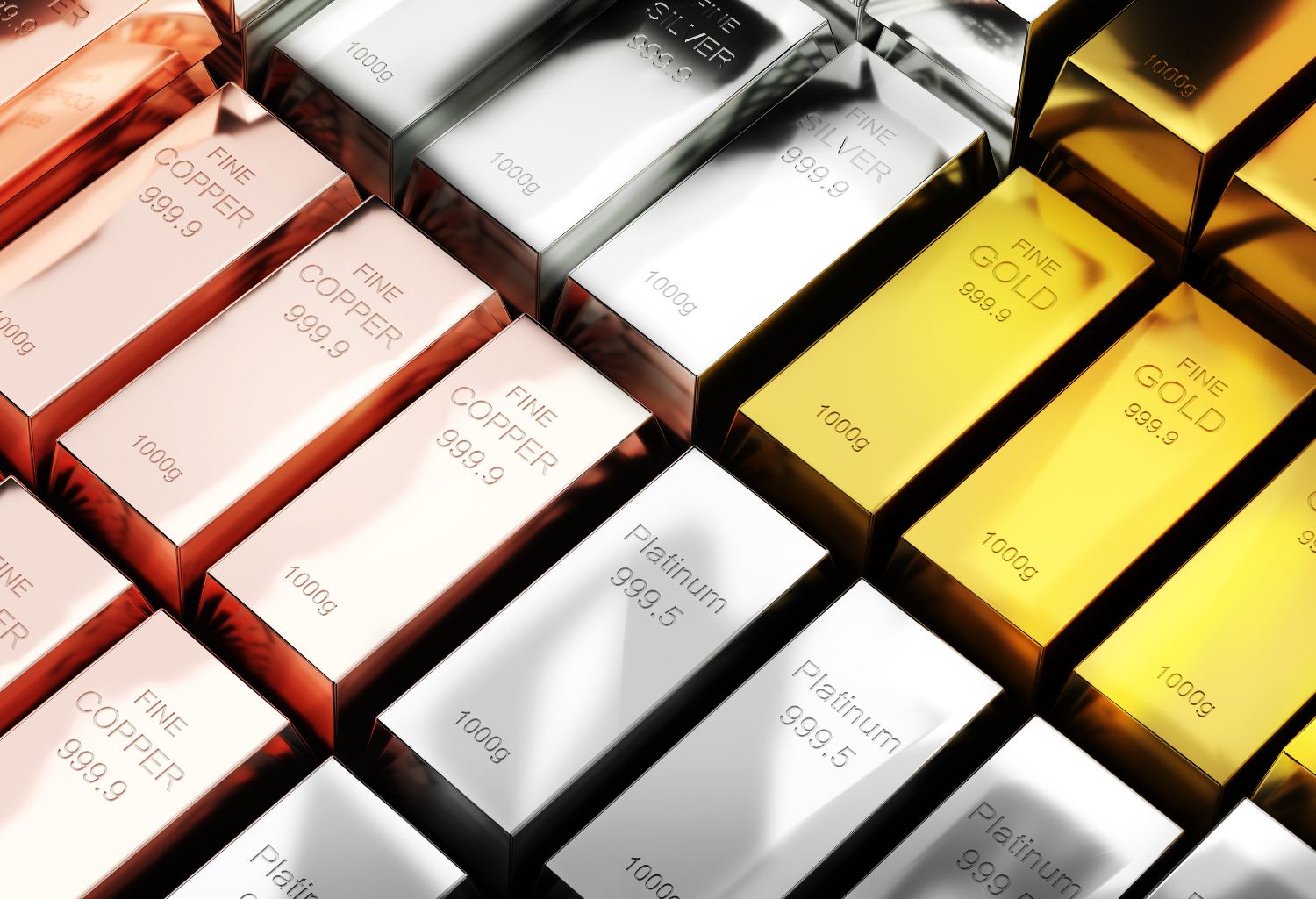 International Metals Trade: Gold bars,silver,copper,platinum,1000 grams pure metal,business